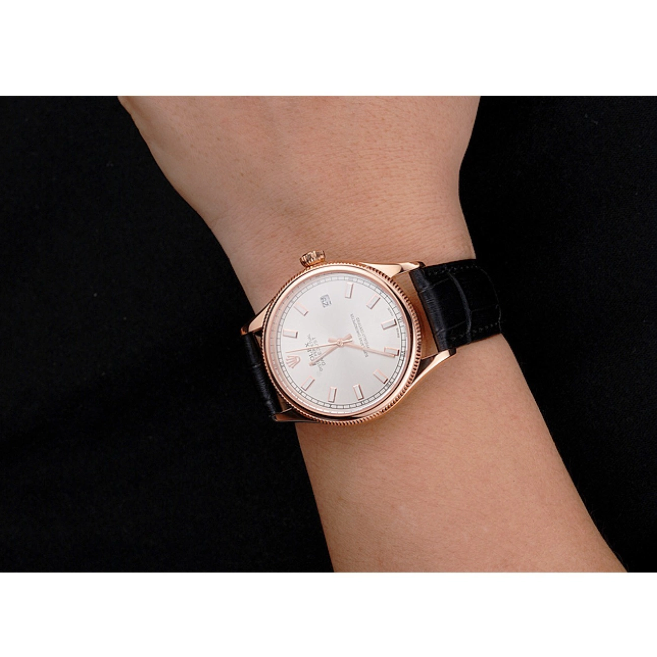 Good Copy Rolex Watches Leather White Rose Case Black Swiss Rolex Strap Datejust Gold Dial 0706